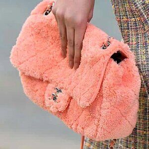 Chanel Coco Shearling Fur Pink Peach 2019 Lagerfeld Collection Large Flap Bag